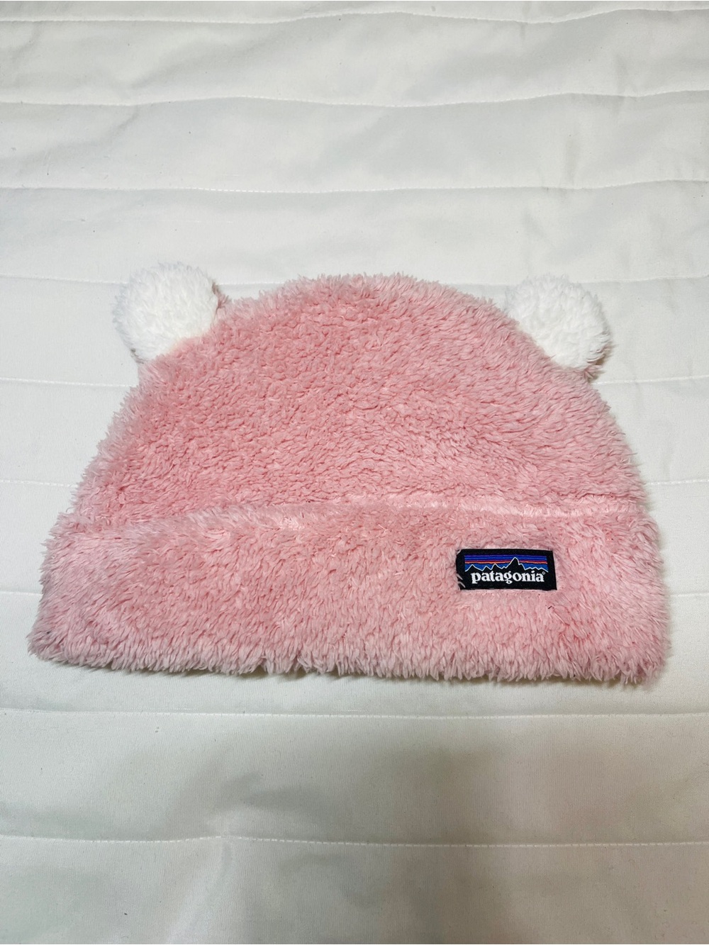 Patagonia Pink Fuzzy Kids Beanie with White Pom Ears